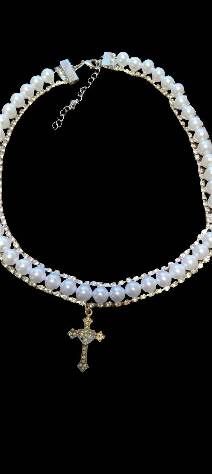 Pearl Rhinestone Chocker with Rhinestone Cross