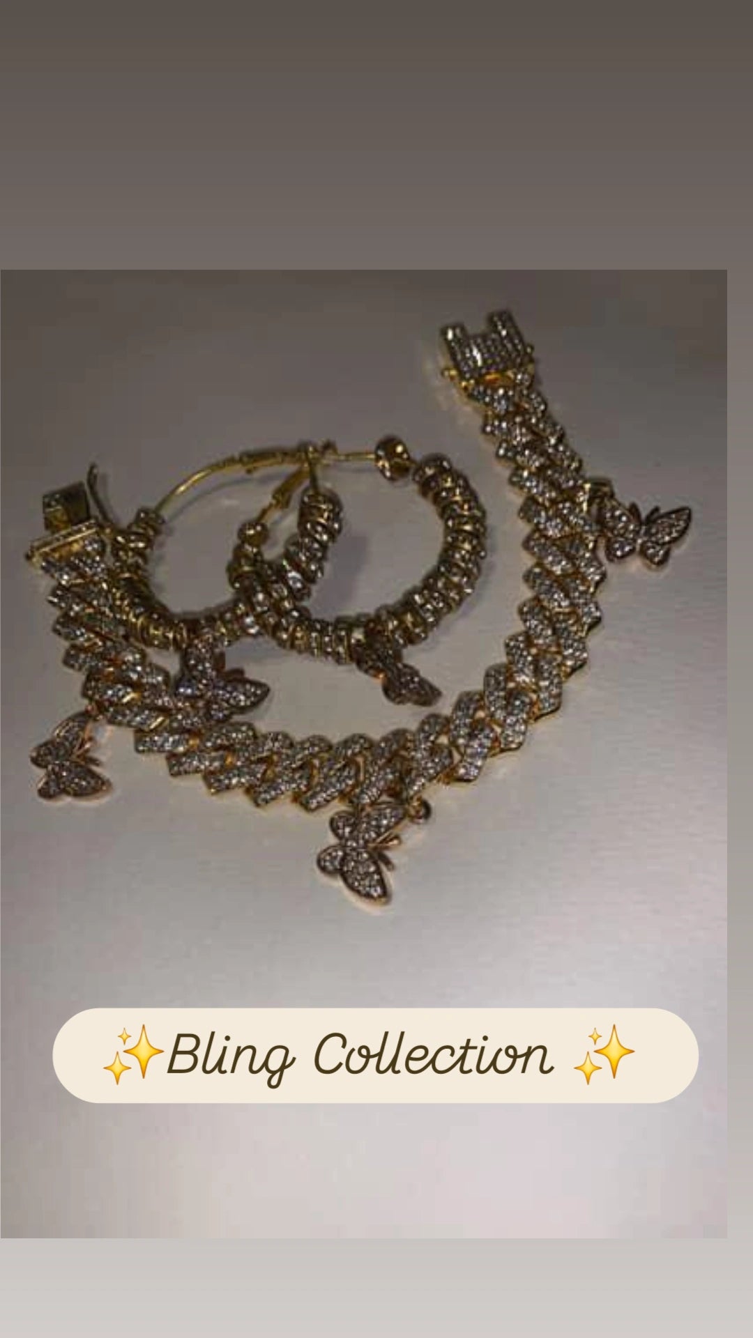 Gold Bling Bracelet set with Gold beaded Earrings with Rhinestone Butterflies 🦋 ✨️