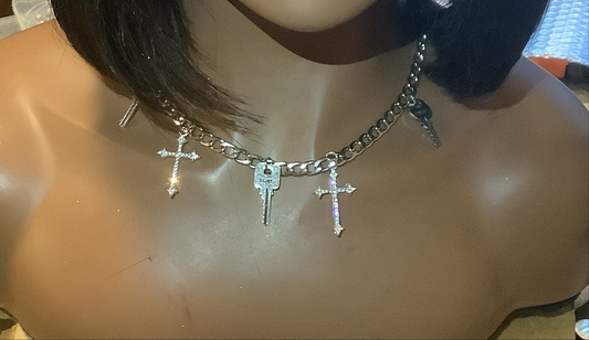Link chain with Rhinestone Cross & inspirational charms w/ adjustable