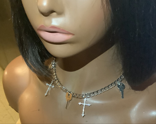 Link chain with Rhinestone Cross & inspirational charms w/ adjustable