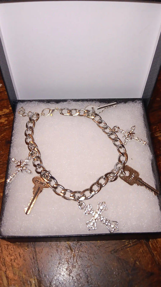 Charm Chain Bracelet with Rhinestone Cross & Inspirational key Charms