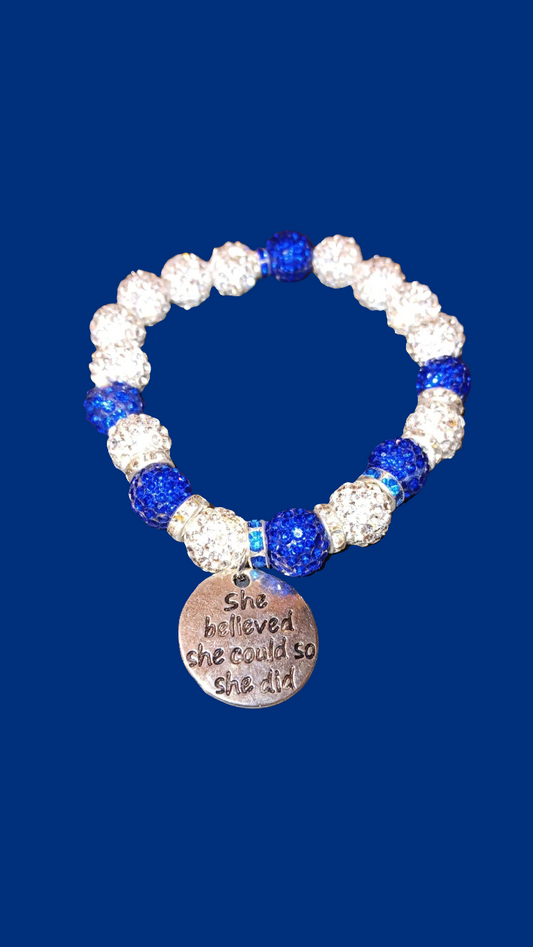 Inspirational Bling Rhinestone Blue & White with she did it Charm