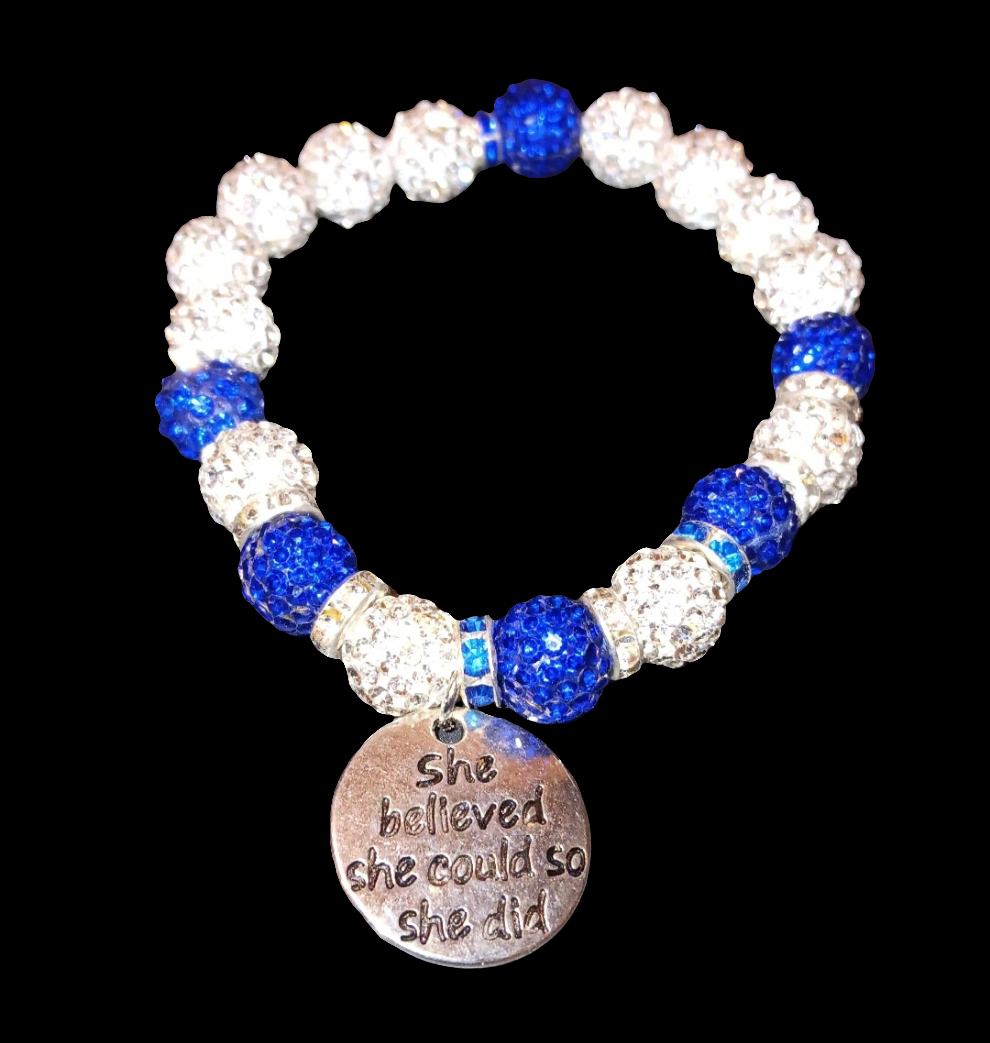 Inspirational Bling Rhinestone Blue & White with she did it Charm
