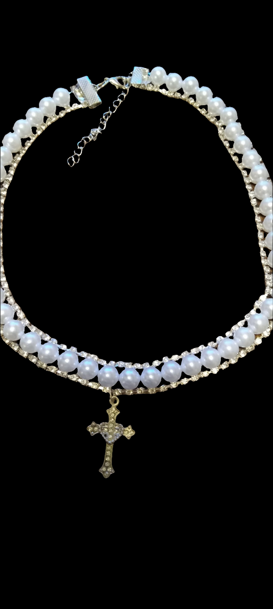 Pearl Rhinestone Chocker with Rhinestone Cross