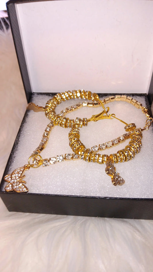 Gold Bling bracelet /Anklet with Butterfly Charms with Earrings