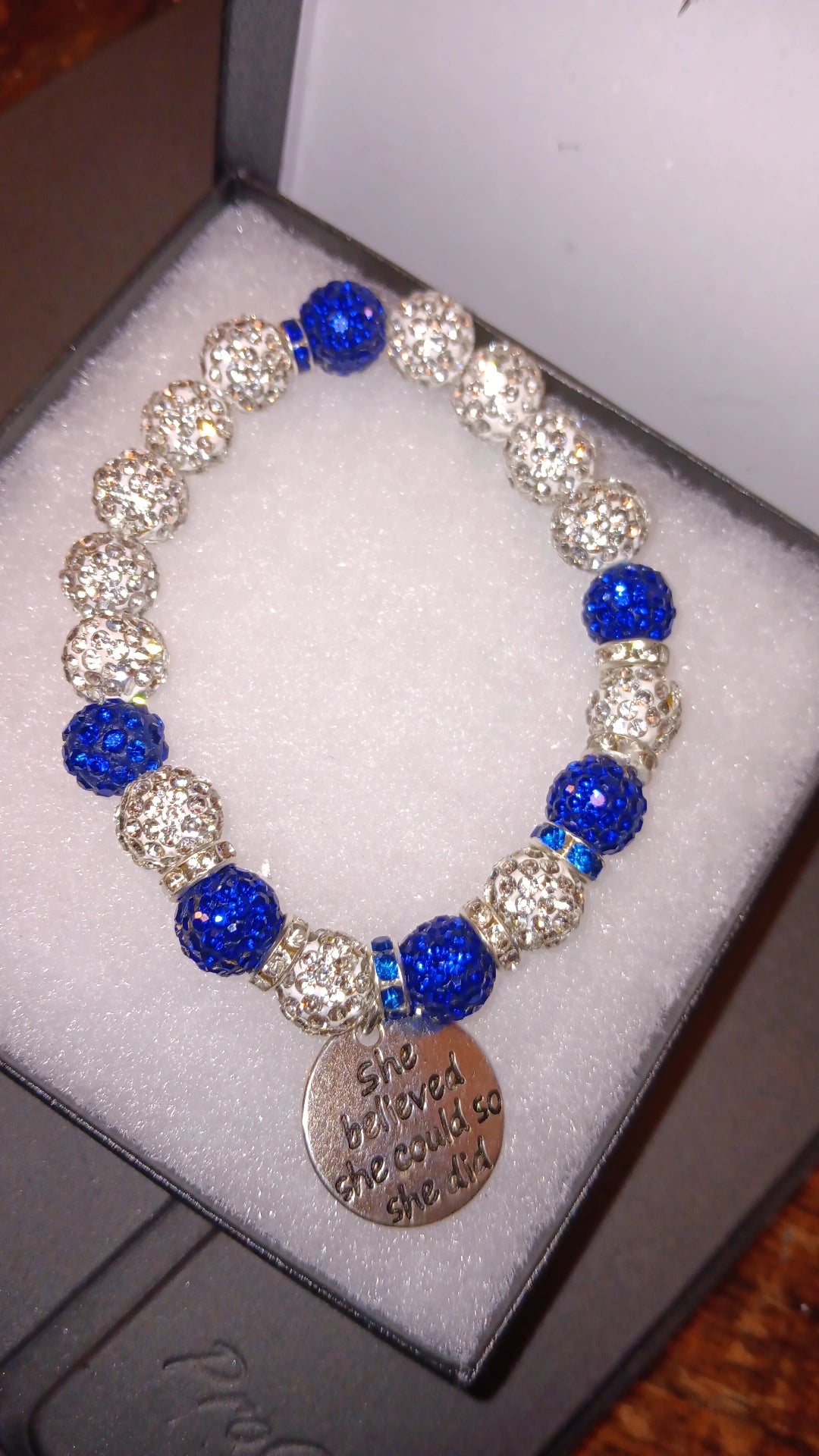 Inspirational Bling Rhinestone Blue & White with she did it Charm