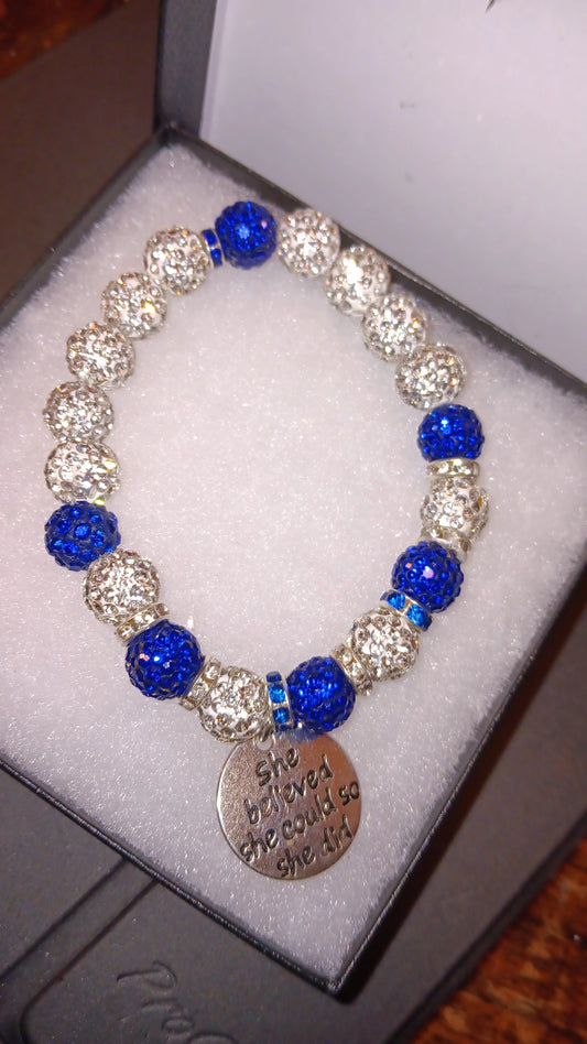 Inspirational Bling Rhinestone Blue & White with she did it Charm